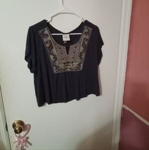 Women's Dark Navy Blue Embroidered Short Sleeve Shirt